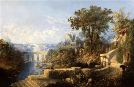 George Armfield (1808-1893) Claudian landscape with classical buildings and viaducts 25.5 x 39.5in.